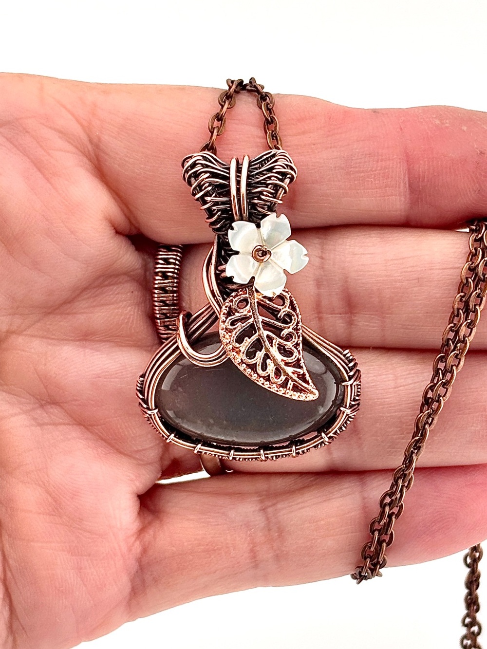 HANDMADE Gray Moonstone Wire Wrapped Copper Necklace, Jewelry Gift for Her